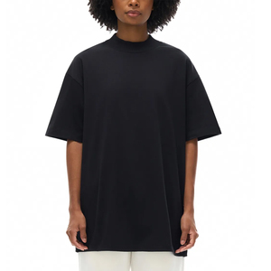 Men's Black Oversized High <b>Collar</b> <b>T</b>-<b>Shirt</b> Short Sleeve Solid Color Knitted Cotton Minimalist Style - Product Image 1