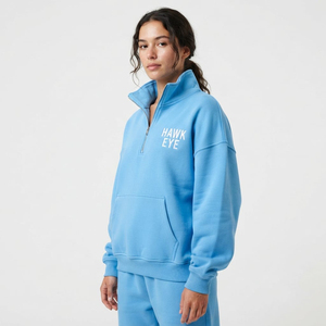 <b>Women's</b> <b>Quarter</b> <b>Zip</b> Pullover Sweatshirt Oversized Cotton Fleece Drop Shoulder Hoodie Custom Front Logo Casual Wear - Product Image 2