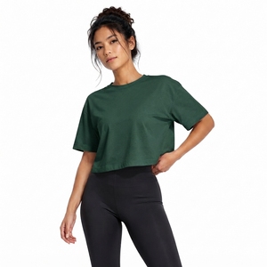 Women's Olive Green Crop <b>Top</b> Short Sleeve Crew Neck Loose Fit Jersey Solid Color Casual T-Shirt 100% Cotton - Product Image 1