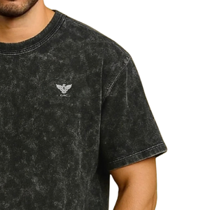 Camiseta Negra para Hombre, Lavada al Ácido, 100% Algodón, Cuello Redondo, Manga Corta, Corte Holgado, Transpirable, Secado Rápido, Estilo Casual Urbano, 280 Gramos - Product Image 3