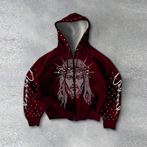 Sweat-shirt à capuche pour homme, rouge, avec strass, motif Jésus, coupe oversize, fermeture éclair, style streetwear, avec design couronne d'épines - Product Image 1