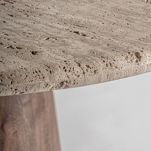 Table à manger ronde moderne en travertin avec piétement en bois de manguier massif |   Table à manger de luxe avec plateau en pierre - Product Image 3
