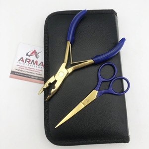2 Hole Hair Plier Blue Coated with Gold Color <b>Micro</b> rings Stainless Steel Hair <b>Extension</b> Scissors with Needles and Clips - Product Image 4