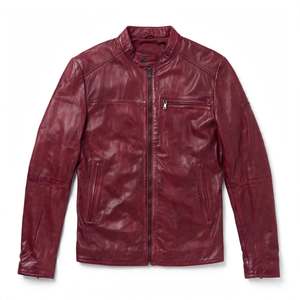 Blouson moto en cuir véritable bordeaux pour homme, avec poche poitrine, fermeture éclair, col montant, uni, en Spandex/Polyester, avec fourrure - Product Image 6