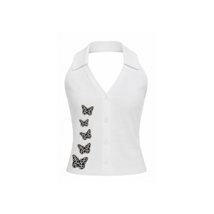 Oferta Especial: Blusa Blanca para Mujer con Cuello Camisero y Bordado de Mariposa con Cuentas en la Parte Delantera, Informal, Transpirable, para Uso Diario, por MULTI CRAFT - Product Image 1