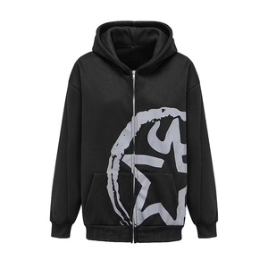 Sweat à capuche zippé noir pour homme avec imprimé abstrait gris sur le devant, logo, coupe ample, en coton French Terry, décontracté, pour l'automne - Product Image 1