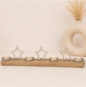 Handmade Rustic Mango Wood Advent Candle Holder Tray With 4 Silver Aluminum Stars Decorative Christmas Centerpiece For Home Use - Product Image 2