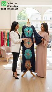 Robe Kaftan Islamique Élégante en Georgette Bleue avec Embellissements en Cristal Violet Royal et Broderies Dorées Scintillantes, Antistatique - Product Image 3