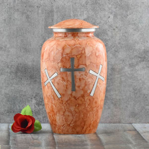 Wholesale Luxury Blue Purple Metal Cremation Urn Bulk <b>Memorial</b> Jar with Elegant Gold Cross and Engraved Silver Band Design Art - Product Image 3