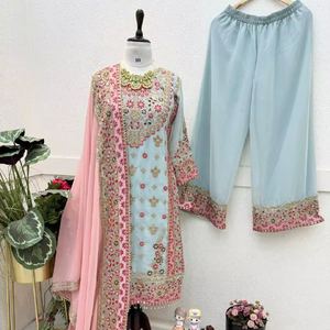 Latest Heavy Fox Georgette Hand Drawn Embroidered Readymade Salwar Suit Dupatta Faux <b>Fur</b> Winter Summer India for Export Sale - Product Image 1