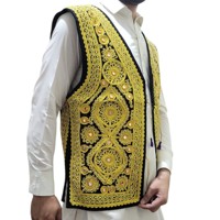 Gilet brodé Waskat pour homme afghan, motif géométrique artisanal, tenue formelle, noir, jaune, blanc, col en V, simple boutonnage
