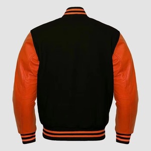 Men's Black Varsity Jacket Orange PU Leather Sleeves Turn-down Collar <b>Covered</b> <b>Button</b> Closure Front OEM Service Casual Autumn - Product Image 2