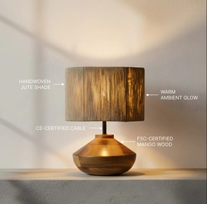 Lampe de table en bois moderne avec abat-jour en tissu de lin |   Éclairage décoratif de luxe pour usage hôtelier - Product Image 3
