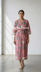 ชุดกิโมโนผ้าฝ้ายพิมพ์ลายสัตว์ซาฟารีแบบแฮนด์บล็อกสุดหรู แขนยาว ใส่ได้ทั้งกลางวันและกลางคืนสำหรับผู้หญิง - Product Image 6