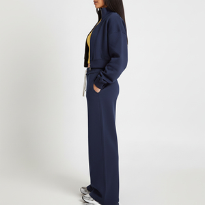 2026 New Arrived Casual Wear Two Piece Crop Top Zipper Hoodie & Baggy Joggers Set Fashionable Breathable Solid Color Sweat suits - Product Image 2