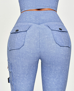 Lightweight High Waist Solid Blue Yoga <b>Leggings</b> With Pockets Full Length Four-Way Stretch Seamless Pants Cheap Price 180 g - Product Image 5