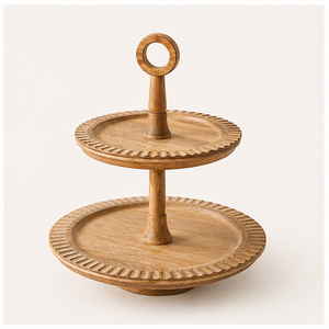 Hand-Carved Mango Wood 2 Tier Cake Stand Wooden Cupcake <b>Tower</b> & Dessert Display Tray for Wedding and Home <b>Kitchen</b> Decor - Product Image 1