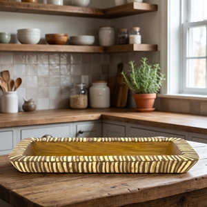 Food Grade Suar Wood With Dark Coconut <b>Shell</b> Inlay Medium Square Serving Tray <b>Light</b> Brown Thirty Two And Twenty Three Centimeter - Product Image 3