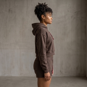 Twin City <b>Women's</b> 2 Piece Hoodie and <b>Shorts</b> Set Brown Cotton Patchwork Casual Outfit Above <b>Knee</b> <b>Length</b> Regular Fit - Product Image 6