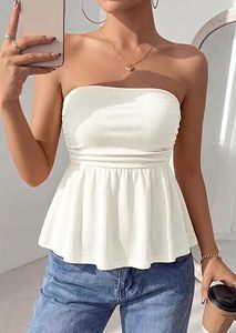 Haut court sans bretelles blanc en tricot pour femme, à volants, décontracté, printemps-été, motif écossais, en polyester respirant, longueur courte - Product Image 4