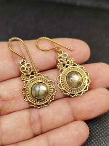 labradorite Export Brass Gemstone Drop <b>Earrings</b> Bulk Handcrafted Gold Plated Finish Pattern Bezel - Product Image 2