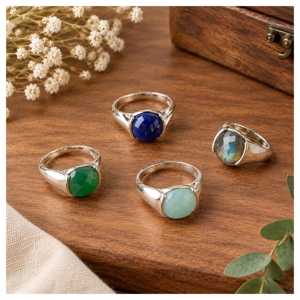 Bagues de mode punk unisexe en laiton plaqué argent 18 carats avec pierres précieuses naturelles : Onyx vert, Labradorite, Amazonite, Lapis Lazuli - Product Image 1