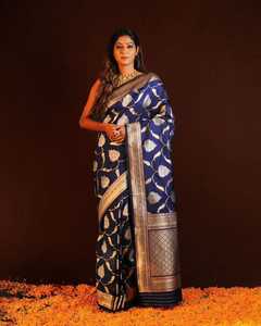 Sari en soie Banarasi bleu, vêtement traditionnel indien pour mariage, fête, femme, 129 - Product Image 1
