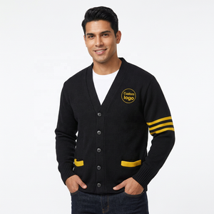<b>Men's</b> Black V-Neck <b>Cardigan</b> Full Sleeve Double Breasted Closure Custom Logo Embroidery Winter Thick Anti-Wrinkle Breathable - Product Image 1