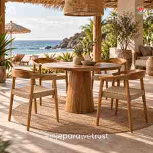 Chaise de salle à manger moderne en teck massif avec assise en corde tressée, fauteuil scandinave pour restaurant, hôtel, villa - Product Image 6