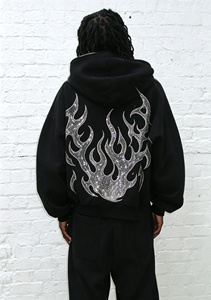 Sweat-shirt à capuche surdimensionné personnalisé pour femme, en coton noir tricoté, manches longues, imprimé flamme pailleté, tenue décontractée d'automne - Product Image 2