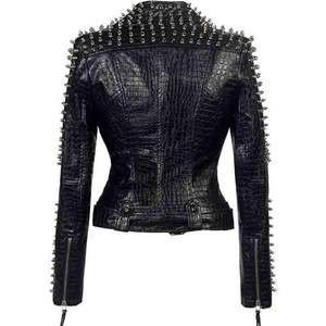 Veste Moto Rose OEM avec Décoration à Rivets, Col Rabattu, Manches Longues, Fermeture Éclair, Style Femme, Veste en Cuir Marque Privée - Product Image 6