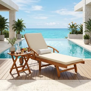 Tumbona de Pino con Cojines, Reclinable Manualmente, para Piscina, Patio Exterior, Mueble de Jardín con Respaldo Sólido, Estilo Costero, Diseño Moderno - Product Image 3
