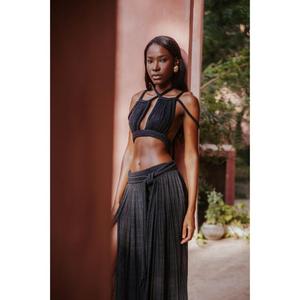 <b>Sexy</b> Casual Club Women's Knitted Two Piece <b>Set</b> Criss-Cross Halter Top Pleated Long Skirt Solid Color Plain Dyed Breathable - Product Image 1