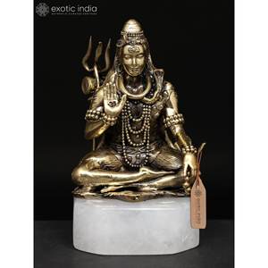 Sculpture en laiton de 4 pouces faite à la main de la bénédiction de Lord Shiva sur une base de pierres précieuses en quartz clair Design traditionnel fabriqué en Inde - Product Image 1