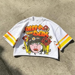 เสื้อยืดโอเวอร์ไซส์ผ้าคอตตอนหนา พิมพ์ลายกราฟิกตามสั่ง OEM พร้อมดีเทลแถบลายที่แขนเสื้อสองชั้น - Product Image 1