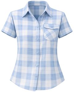 Chemise boutonnée à manches courtes pour femme, bleu ciel et blanc à carreaux, décontractée, légère et respirante, avec poche, pour l'été - Product Image 2