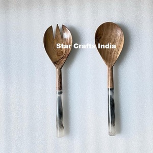 Factory Wholesale Price Eco-Friendly Wooden Salad Server Resin Handle Dishwasher <b>Safe</b> <b>Large</b> Spoon Fork Kitchenware Tableware - Product Image 5