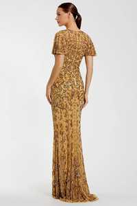 Elegante Vestido de Noche Largo con Cuentas y Flores, Corte A, Cuello Redondo, Manga Casquillo, Cintura Natural, Satén Bordado - Product Image 6