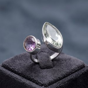 Minimalist 925 Silver Dual Stone <b>Adjustable</b> <b>Ring</b> With Marquise Cut Clear Gem And Round Amethyst Bezel Set For Everyday Wear - Product Image 1