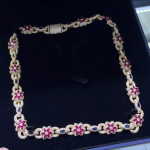 Luxury 14K Gold Plated Chain <b>Bracelet</b> <b>Ruby</b> Flower Sapphire Inlay Lab Grown IGI Certified Hiphop Style for Unisex Gift Jewelry - Product Image 2