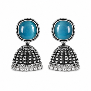 Vintage <b>Oxidized</b> Silver Jhumka Earrings Cat Eye Stone Statement Earrings Green Blue Ethnic Jewelry - Product Image 2