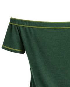 T-shirt vert forêt pour femme, épaules dénudées, avec bordure contrastée, manches courtes, coupe ajustée, décontracté, été, fabricant sur mesure - Product Image 5