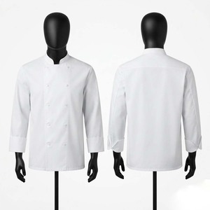Veste de chef unisexe en mélange de coton premium sergé 220 GSM, blanche, double boutonnage, col mandarin, manches courtes, uniforme sérigraphié - Product Image 1