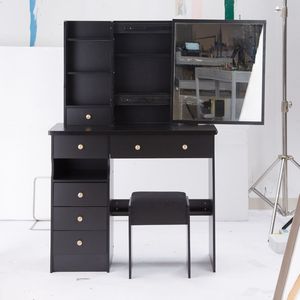 Tavolo da Trucco Extra Large da 37 Pollici con Cassetto Sinistro, Sgabello Imbottito, Specchio Scorrevole Destro e Vano Multilivello ad Alta Capacità - Product Image 2