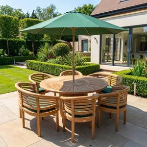 Teak Outdoor <b>Round</b> <b>Table</b> Set With Green Umbrella And Cushioned Chairs Contemporary Design Durable Wooden Furniture - Product Image 1