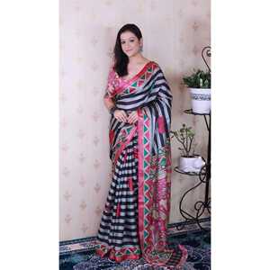 Sari de Seda Tussar Gris Tradicional Chino de Elite Weaves con Rayas y Diseño Estampado con Hilo Zari - Product Image 6