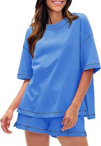 Conjunto de Dos Piezas para Mujer, Verano, Camiseta de Manga Corta y Pantalones Cortos, Ecológico, Transpirable, Informal, para Estar en Casa - Product Image 2