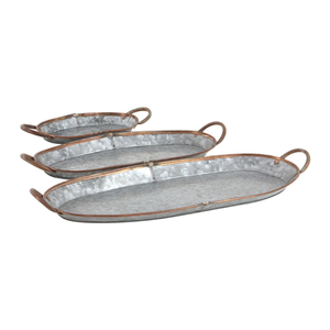 Juego de 3 atractivas bandejas ovaladas de metal galvanizado con asas en tono cobre, bandeja de metal galvanizado para el hogar o eventos - Product Image 1
