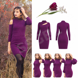 Mini Solid Color Bodycon <b>Sweater</b> Dress Turtleneck Cold Shoulder Full Sleeve Autumn Women Fashion Wholesale Supplier Bangladesh - Product Image 2