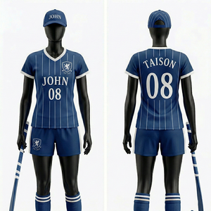 Uniforme de Hockey sobre Césped para Mujer de Poliéster Transpirable de Alta Calidad, Franja Blanca y Azul Marino, Logotipo Personalizado con Termotransferencia - Product Image 1